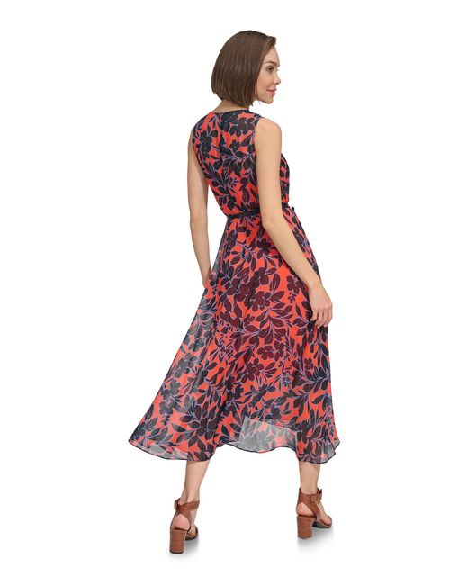 Tommy Hilfiger Red Sleeveless Floral Midi Dress