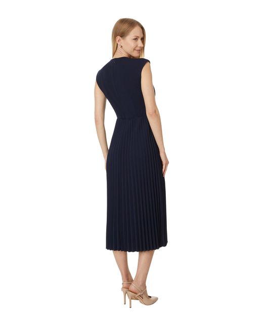 Calvin Klein Blue Cap Sleeve Scuba Crepe Pleated Skirt Dress