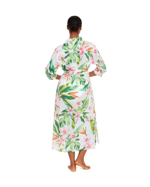 Lauren by Ralph Lauren Green Watercolor Tropical Floral Midi Shirt Dress