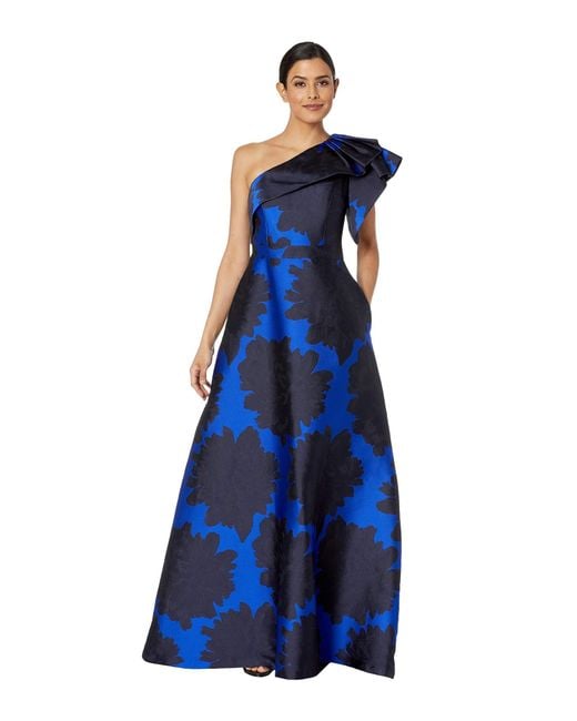 Adrianna Papell Blue Floral Jacquard One Shoulder Evening Gown