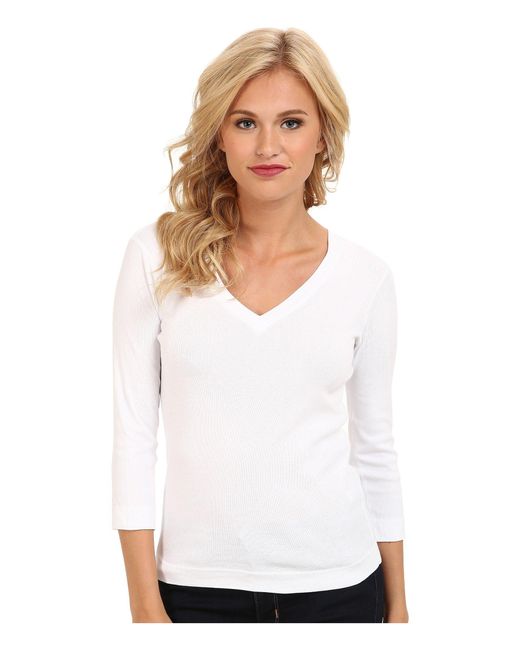 Three Dots 100% Cotton Heritage Knit 3/4 Sleeve Deep V-neck in White | Lyst
