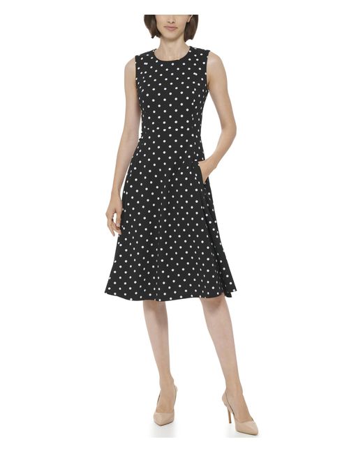 Calvin Klein Black Polka Dot Fit And Flair Scuba Crepe Dress
