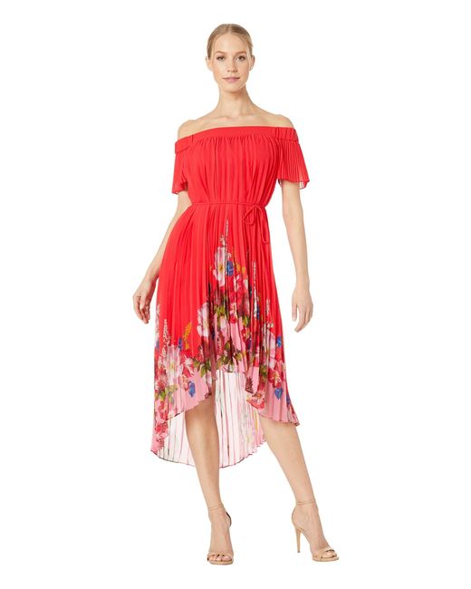 Ted Baker Red Berry Sundae Bardot Floral Off-the-shoulder Pleated High-low Dress