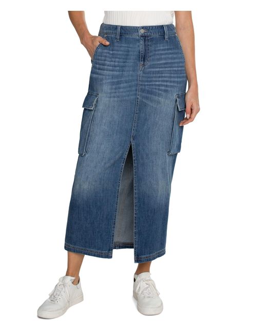 Liverpool Los Angeles Blue Denim Maxi Cargo Skirt With Split Front