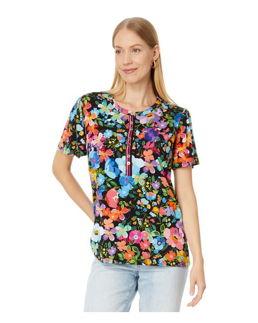 Johnny Was Blue Wild Bloom Flutter Sleeve Henley Tee