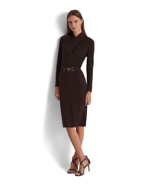 Lauren by Ralph Lauren Belted Mockneck Jersey Dress in Brown Lyst