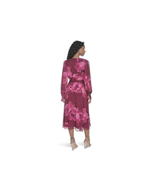 Calvin Klein Red Long Sleeve Faux Wrap V-Neck Midi Dress, Polyester