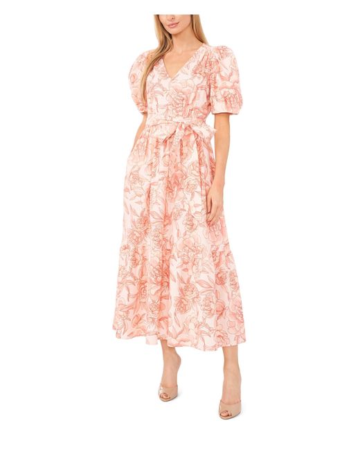 Cece Pink Printed Linen Puff Sleeve V-neck Maxi Dress