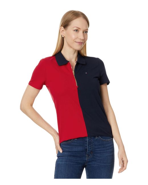 Tommy Hilfiger Red Short Sleeve Color-block Zip Polo