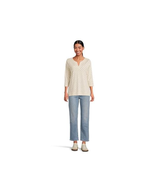 L.L. Bean Black Pima Tops Split-Neck Tunic 3/4 Sleeve Print Clothing Cream/Classic Dot, Cotton