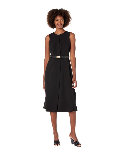 Calvin Klein Synthetic Midi Scuba Crepe Dress With Belt in Black Lyst