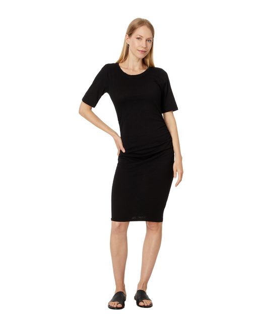 Mod-o-doc Black Short Sleeve Gathered Sideseam Midi Dress