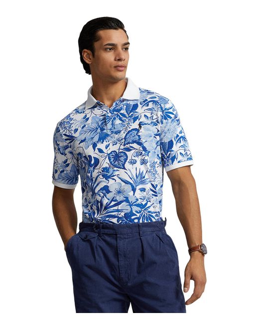 Polo Ralph Lauren Blue Classic Fit Floral Print Mesh Polo Short Sleeve Shirt for men