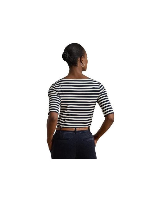 Ralph Lauren Black Petite Striped Stretch Cotton Boatneck T-Shirts Clothing Lauren/Mascarpone Cream, Cotton/Elastane