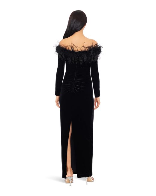 Xscape Off-the-shoulder Long Sleeve Velvet With Feathers in Black | Lyst