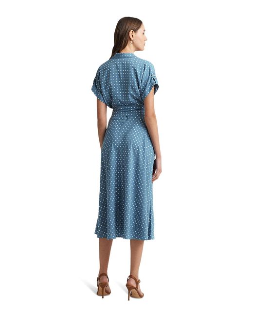 Lauren by Ralph Lauren Blue Polka-dot Belted Crepe Dress