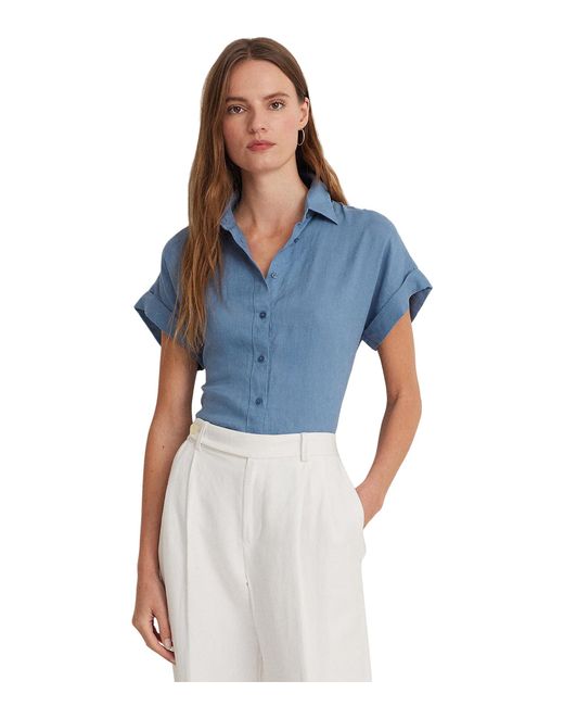 Lauren by Ralph Lauren Blue Petite Linen Short-sleeve Shirt