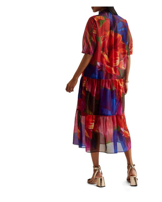 Ted Baker Red Miru Organza Tropical Bloom Midi Dress