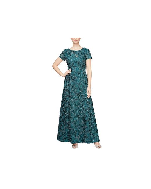 Alex Evenings Green Long A-Line Rosette Dress With Sequin Detail (Emerald) Dress