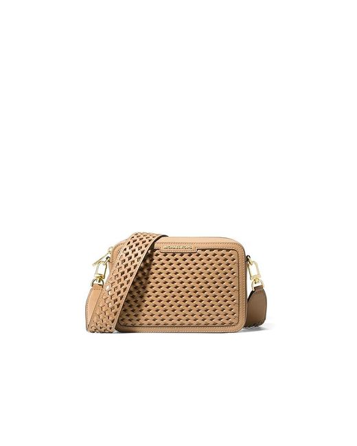 MICHAEL Michael Kors Black Jet Set Medium Camera Bag Woven Strap (Camel) Cross Body Handbags