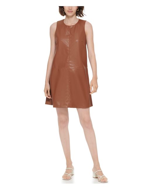 Calvin Klein Short A-line Pu Dress in Brown | Lyst