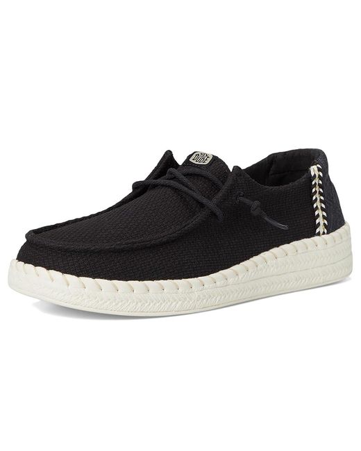 HeyDude Black Wendy Espadrille Woven Flat Shoes, Cotton