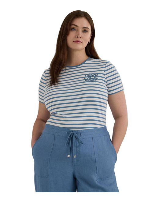 Lauren by Ralph Lauren Blue Plus-size Striped Stretch Cotton Crewneck Tee