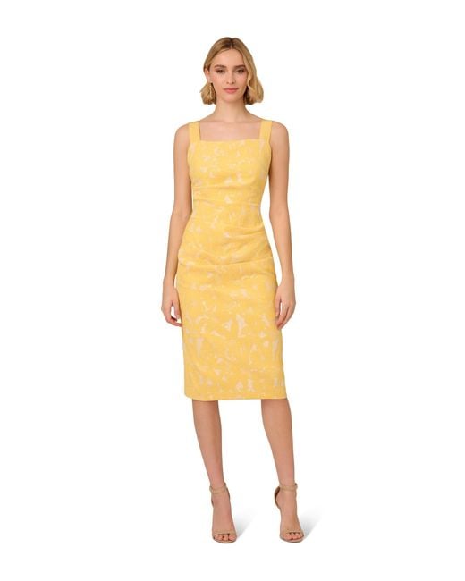 Adrianna Papell Yellow Hibiscus Jacquard Tucked Dress