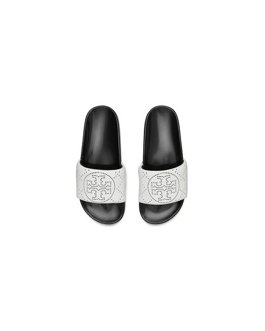 Tory Burch Black Double T Pool Slide Shoes Bianco/Nero, Leather