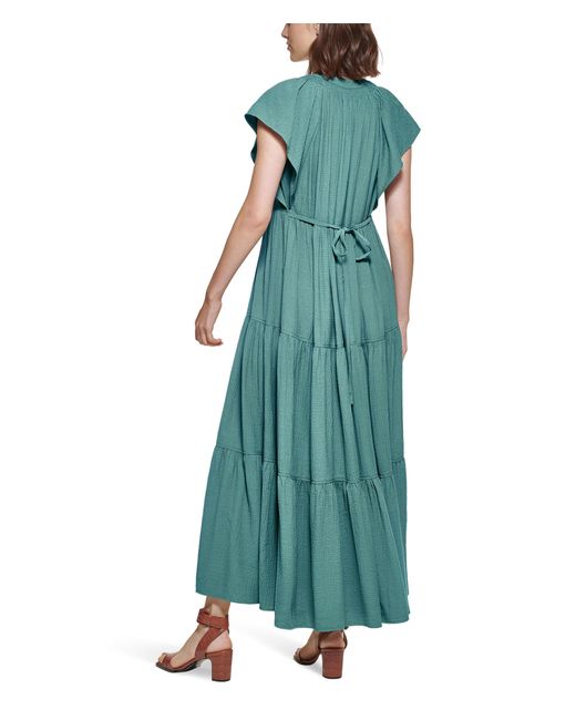 Calvin Klein Green Flutter Sleeve Gauze Midi Dress