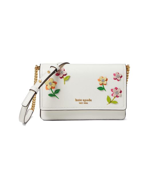 Kate Spade White In Bloom Flower Appliqued Saffiano Leather Flap Chain Wallet