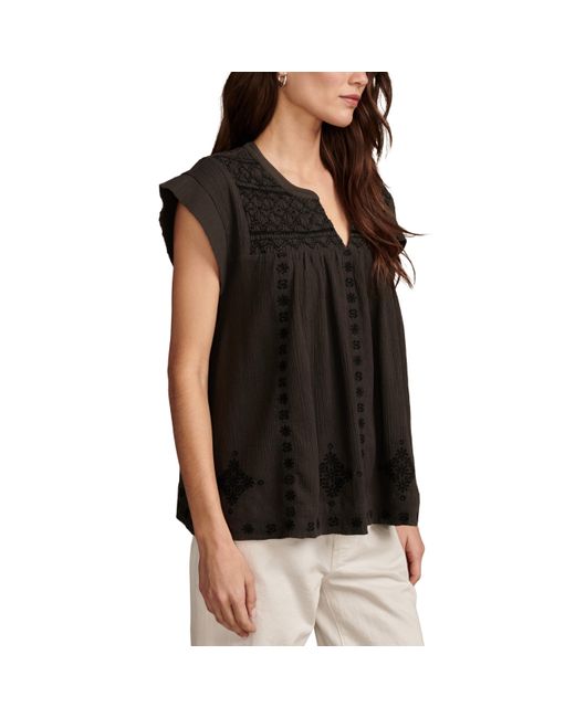 Lucky Brand Black Short Sleeve Embroidered Smocked Blouse