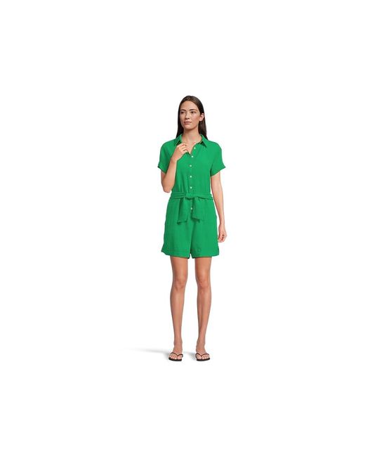 Becca Green Cabana Textured Button Front Romper Cover-Up Jumpsuit & Rompers One Piece, Polyester/Spandex