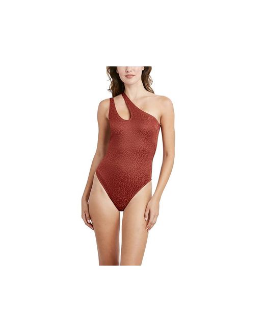 BCBGMAXAZRIA Red Max Azria Double Strap One Shoulder Mio Removable Cups Swimsuits One Piece, Polyester/Spandex