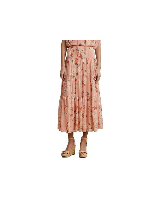 Ralph Lauren Black Floral Crinkle Georgette Tiered Skirt Skirt, Polyester