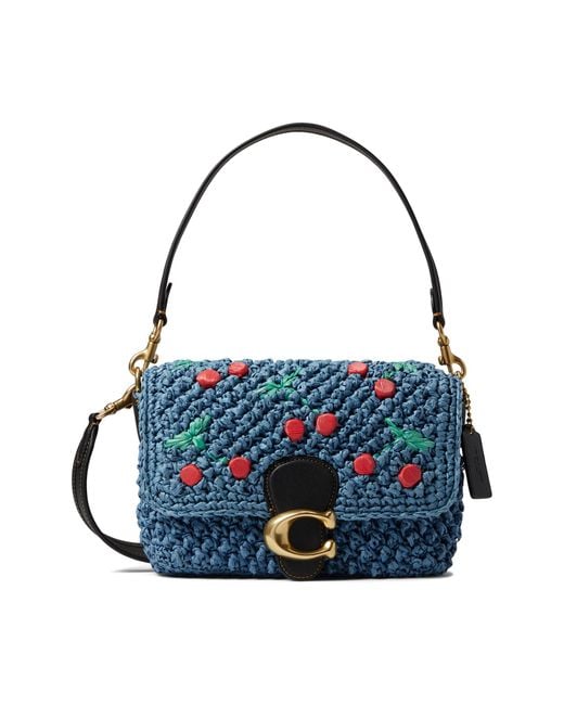 COACH Blue Cherry Embroidered Popcorn Texture Paper Straw Soft Tabby Shoulder Bag