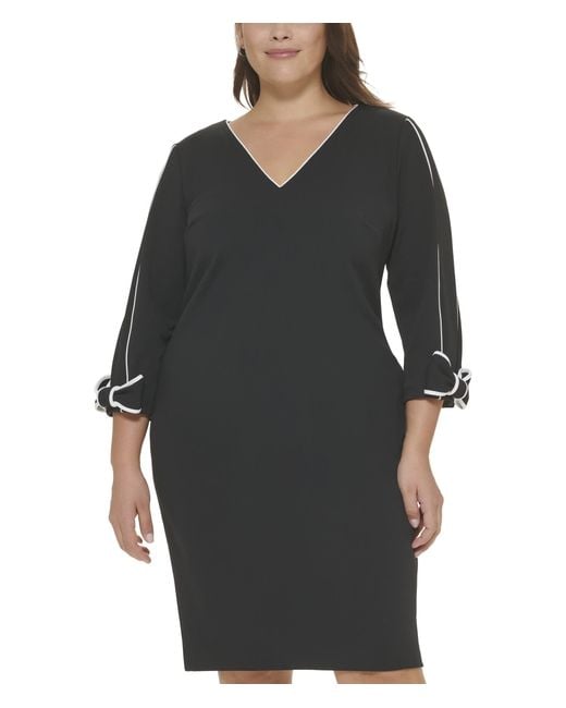 Calvin Klein Plus Size Scuba Crepe Sheath Dress With White Trim Bow Detail  On Sleeve in Black