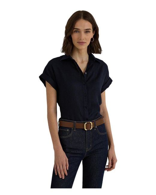 Lauren by Ralph Lauren Black Petite Linen Short-sleeve Shirt
