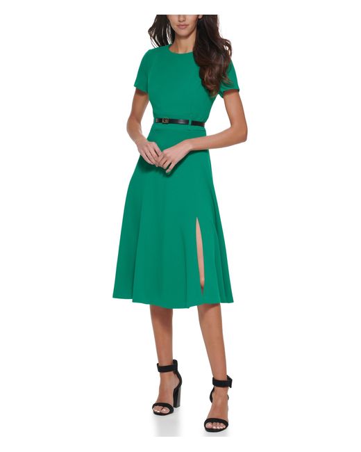 Calvin Klein Green Short Sleeve A-line Midi Dress With Belt