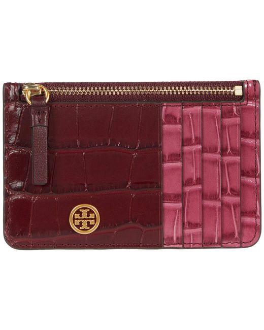 Tory Burch Red Robinson Embossed Color-block Top Zip Card Case