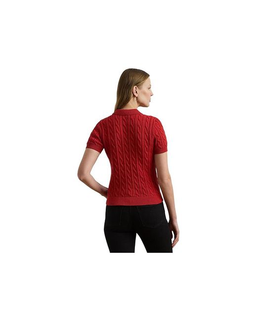Ralph Lauren Red Petite Cable-Knit Cotton Polo Sweater Sweater