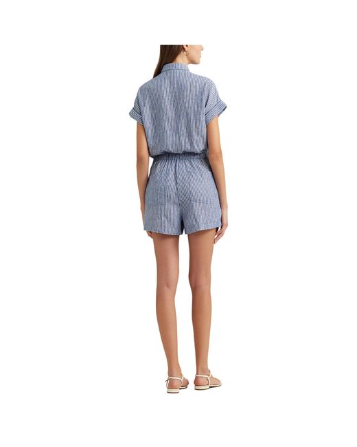 Lauren by Ralph Lauren Blue Pinstripe Linen Shorts-sleeve Romper