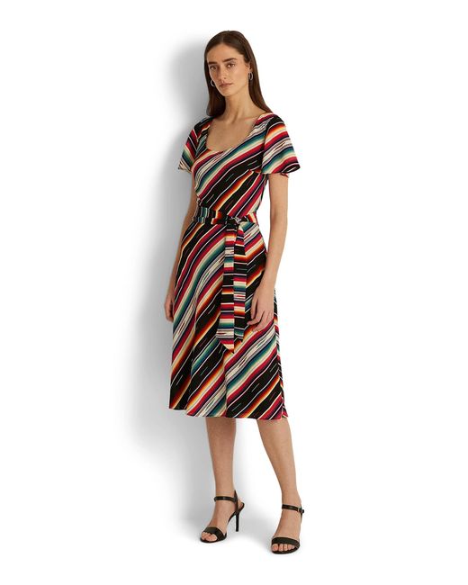 Lauren by Ralph Lauren Synthetic Striped Belted Bubble Crepe Dress in