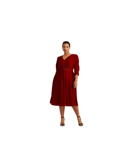 Lauren by Ralph Lauren Red Plus Size Velvet Puff-sleeve Dress