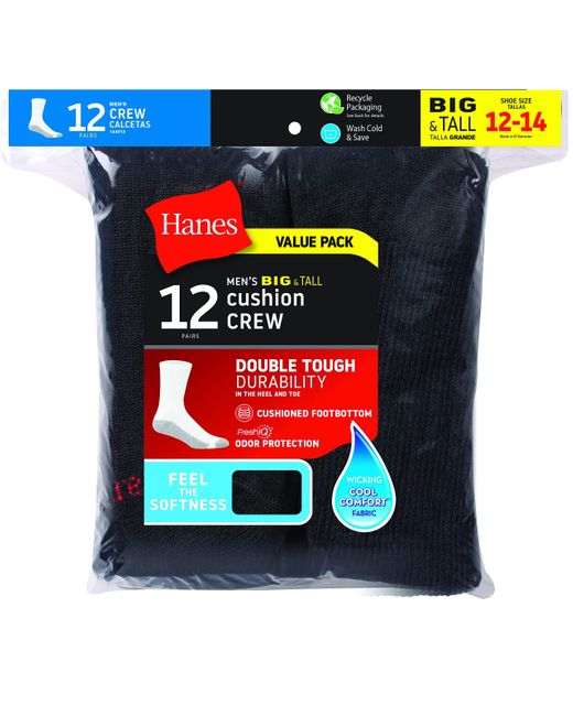 Hanes Synthetic Mens Double Tough Crew Socks, 12pair Pack in Black for