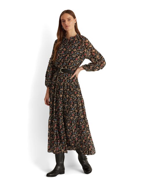 Lauren by Ralph Lauren Synthetic Floral Crinkle Georgette Dress in Black | Lyst