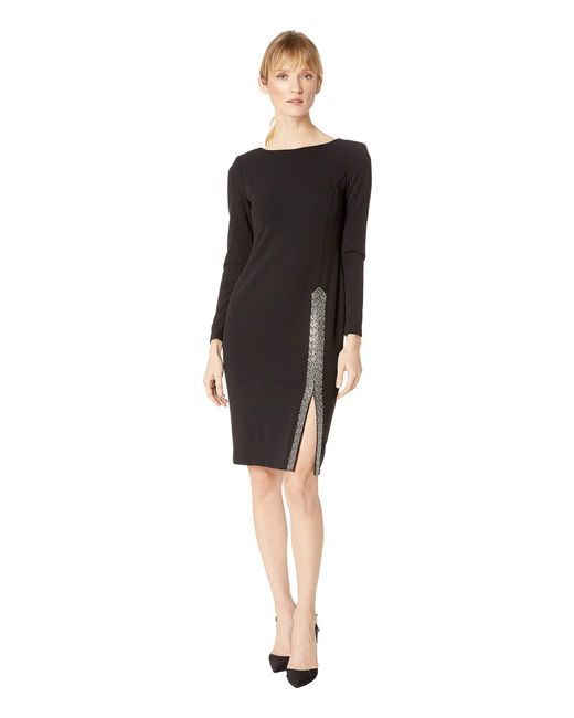 Calvin Klein Black Long Sleeve Sheath With Embellished Slit Dress