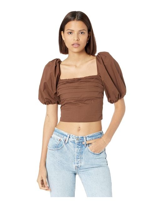 Abercrombie & Fitch Cotton Square Neck Ruched Puff Sleeve Top in Brown ...
