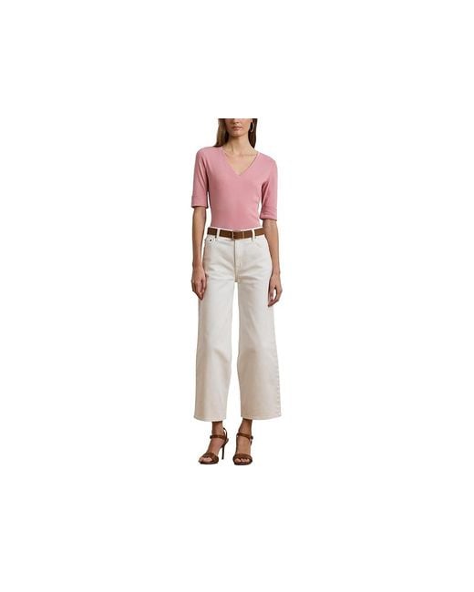 Ralph Lauren Pink Stretch Cotton Elbow-Sleeve V-Neck T-Shirts T Shirt, Cotton/Elastane