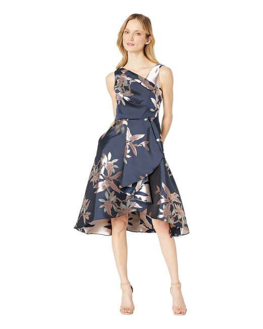 Adrianna Papell Blue Petite Size Floral Print Jacquard Sleeveless Cascade Hi-low Dress